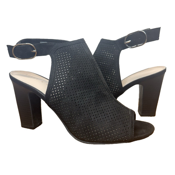 Black Block Heel Sandals Ankle Strap Womens Sz 9 Perforated Peep Toe Kelly&Katie - Picture 1 of 8